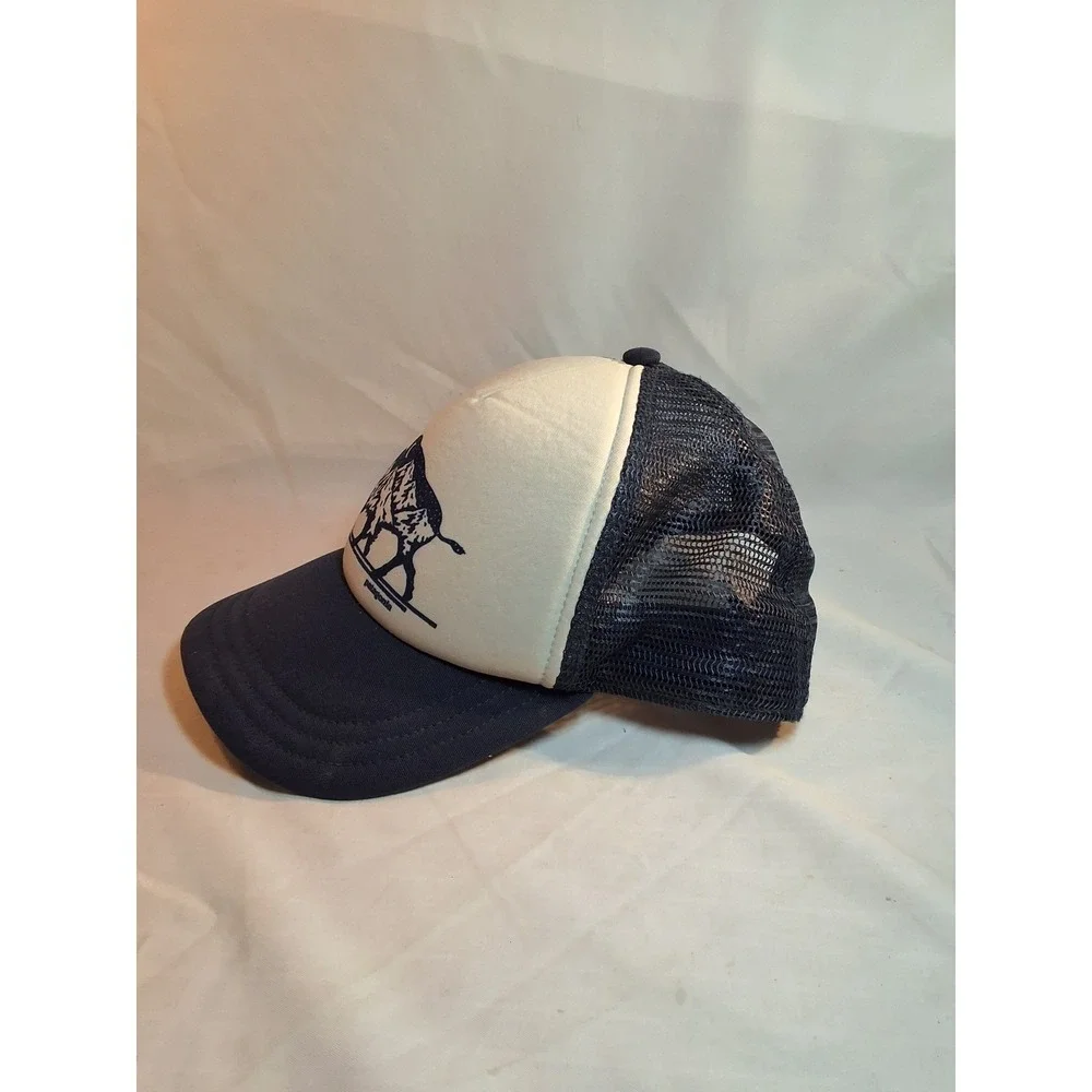 Patagonia Bison Mountain Skiing Trucker Hat Navy Blue Cream Snapback Mesh Cap